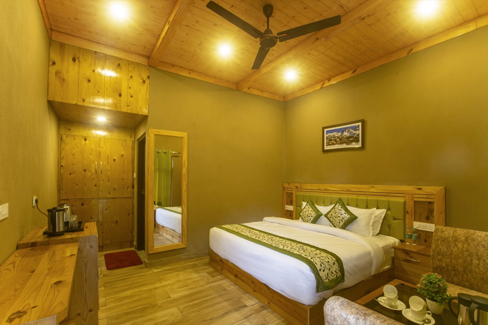 Wood-finished double room at Backwoods Retreat near Shimla