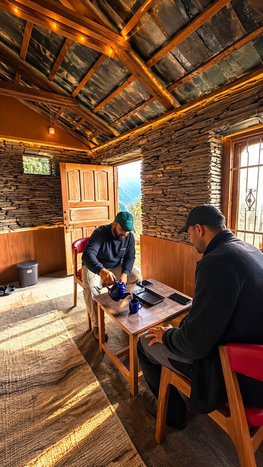 Tea together inside the cottage