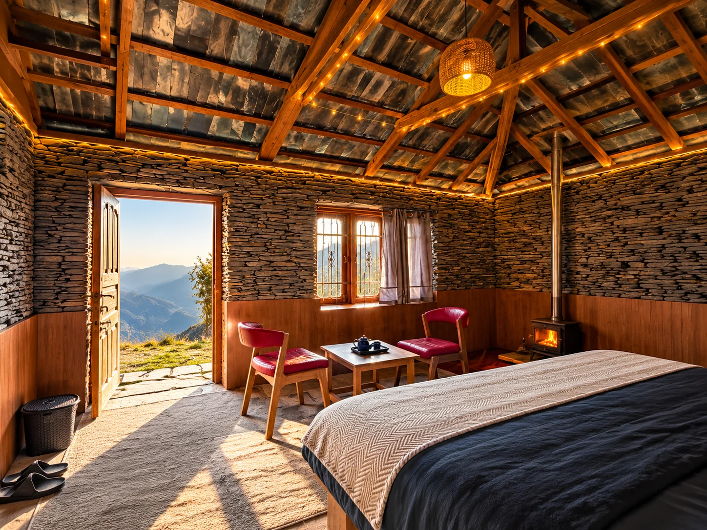 Cottage bedroom opening towards the mountain view