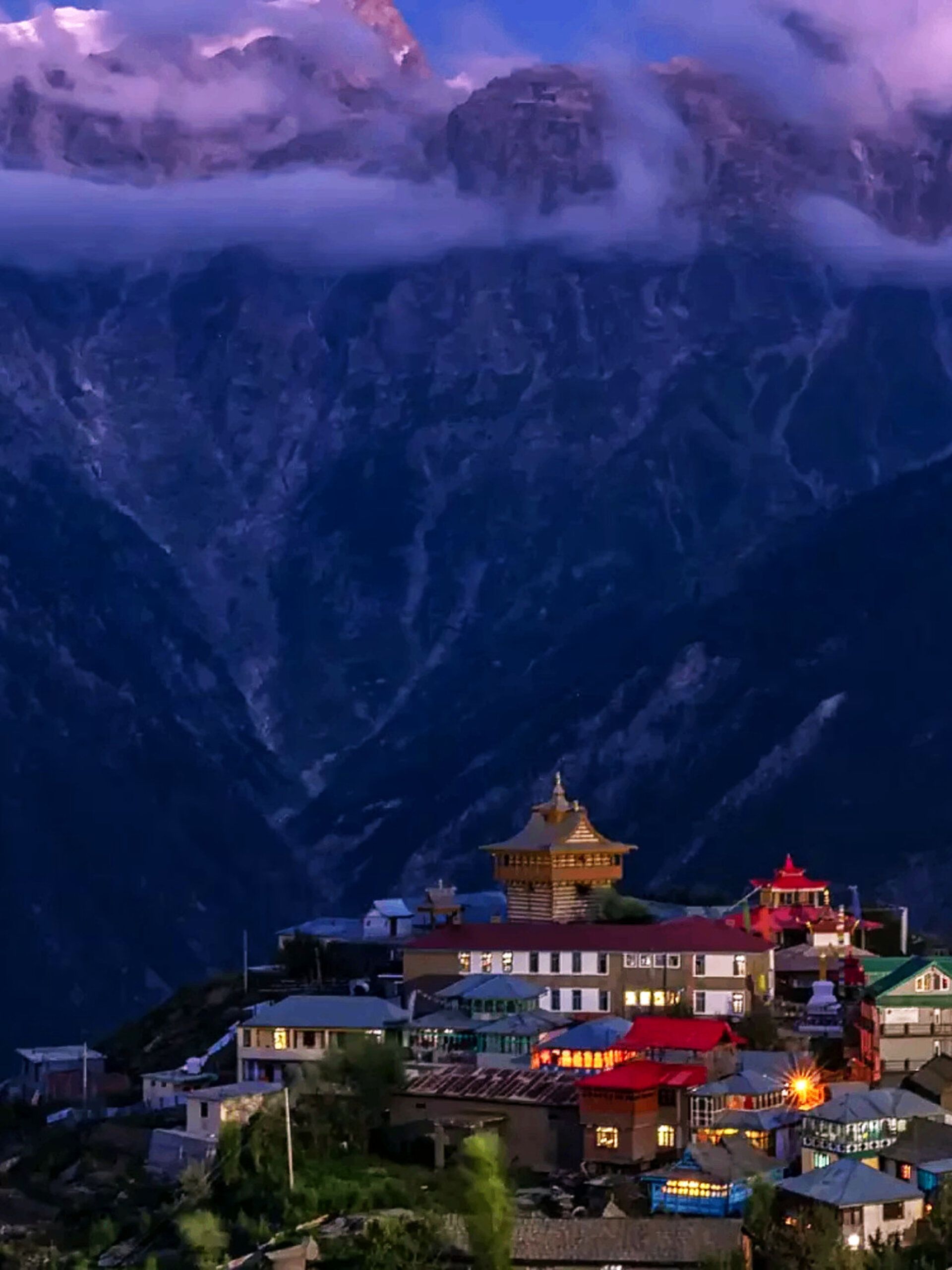 Warm twilight in a mountain settlement