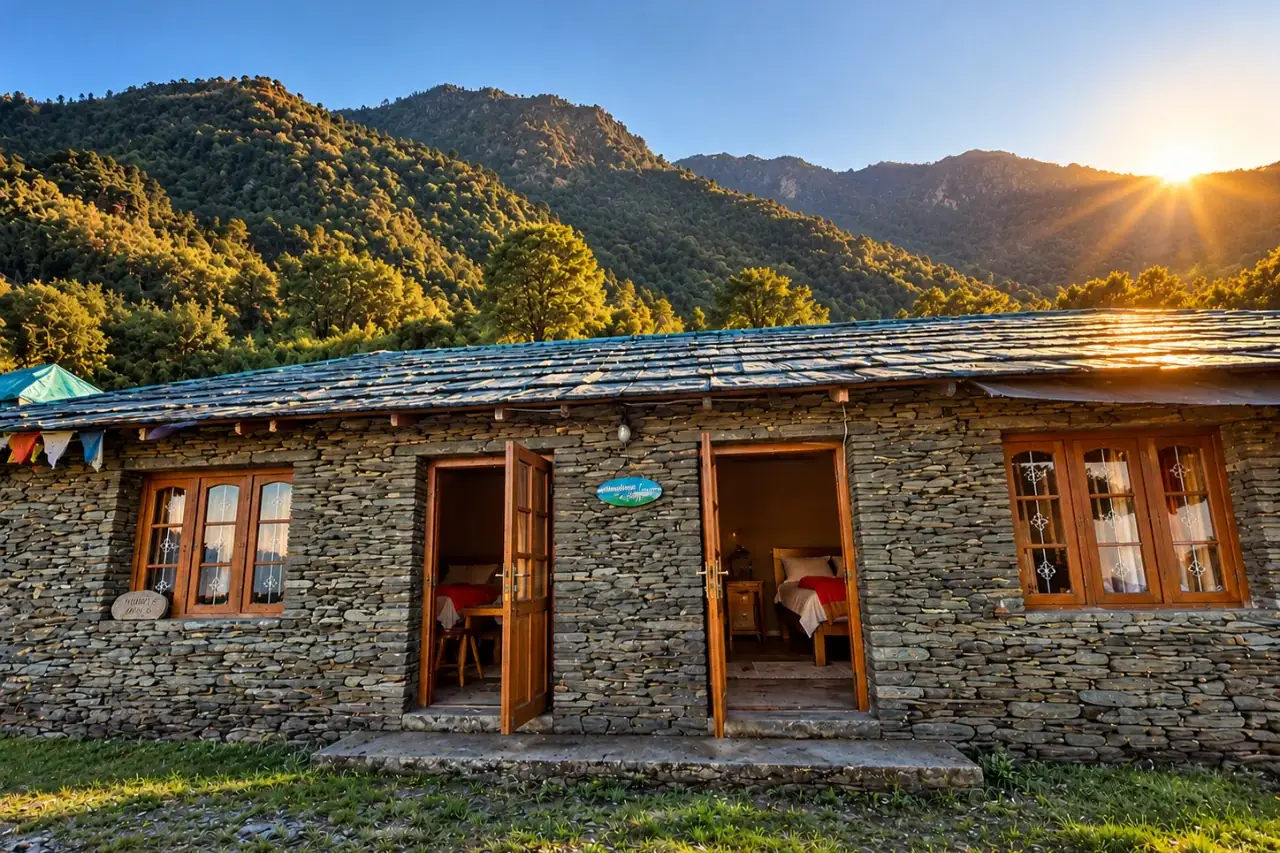 The stone mountain cottage below Triund where the daily departure spends the night