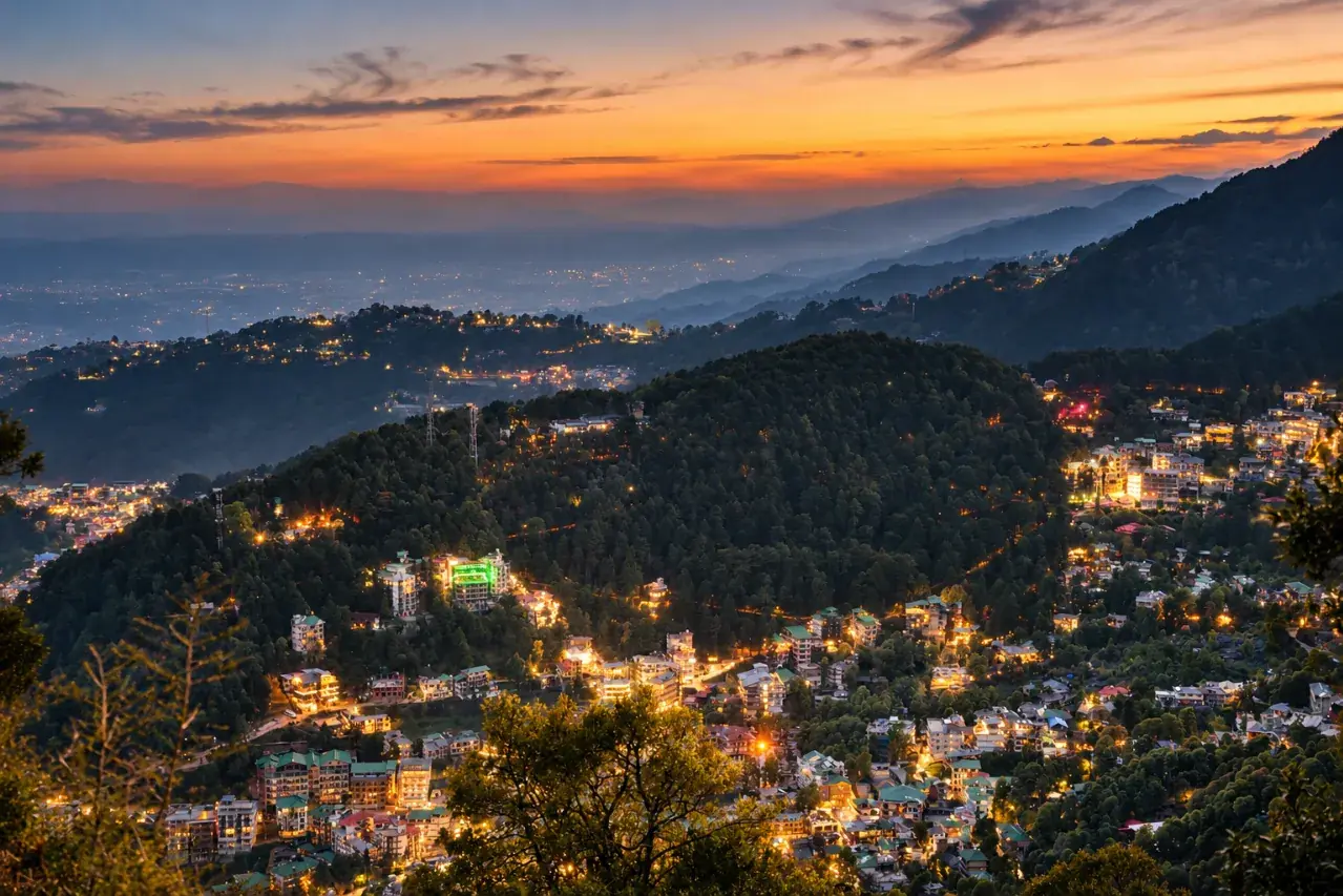 Sunset over Dharamshala and the Kangra valley from the cottage