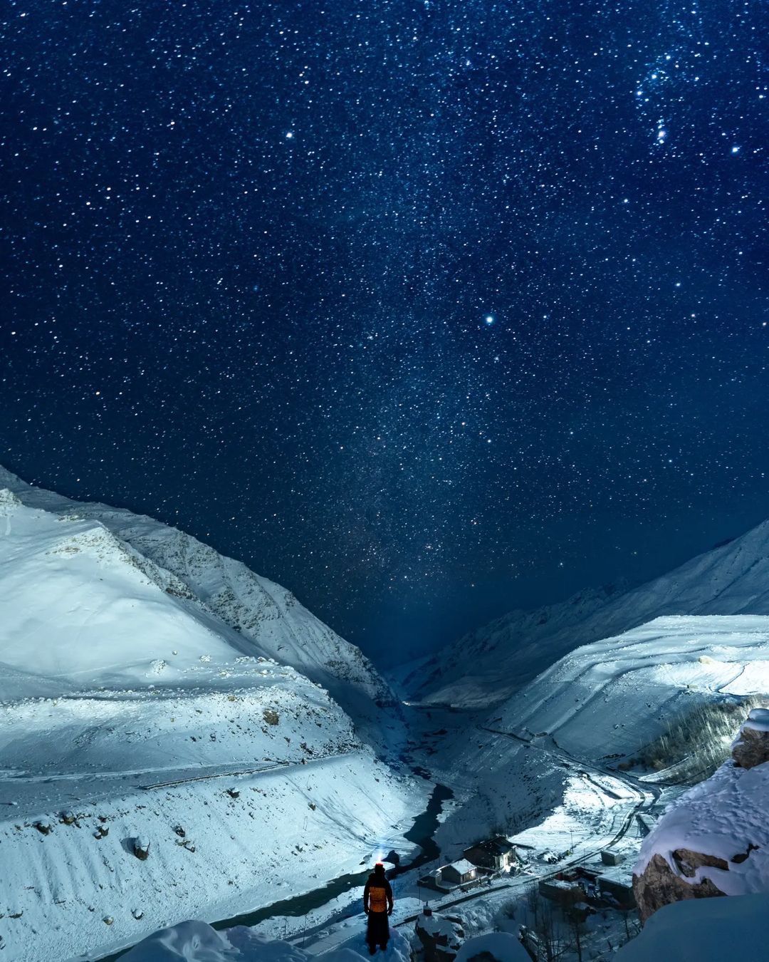 Winter Zanskar night sky over snow-covered valleys